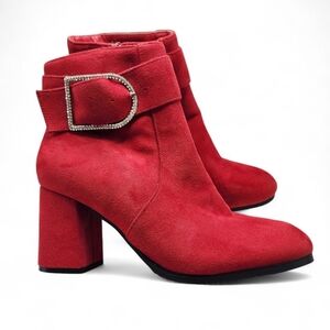 Dream Pairs Faux Suede Rhinestone Buckle Ankle Boots in Red Size 8.5